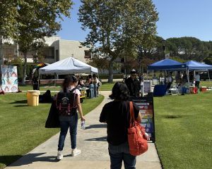 Students walk along the pathway lined with information and tips to support fellow students on Raider Walk on Wednesday, Oct. 9, 2024 in Moorpark, Calif. Photo credit: Danielle De Leon