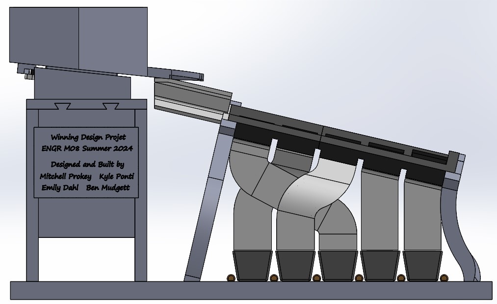 Pictured is a 2–D, CAD version of the finalized design of the coin–sorting mechanism. The team’s award plaque is attached. Image courtesy of Mitchell Prokey.