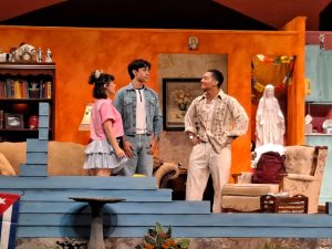 Beverly Barnes played by Polina Sysoeva (left) and Nelson Cruz played by Alexander Franco (middle) meeting Eddy Cruz played by Lion Orduño (right) in the "Our Lady of the Tortilla" dress rehearsal on Wednesday, Oct. 9, 2024 in Moorpark, Calif. Photo credit: Brianna Perez