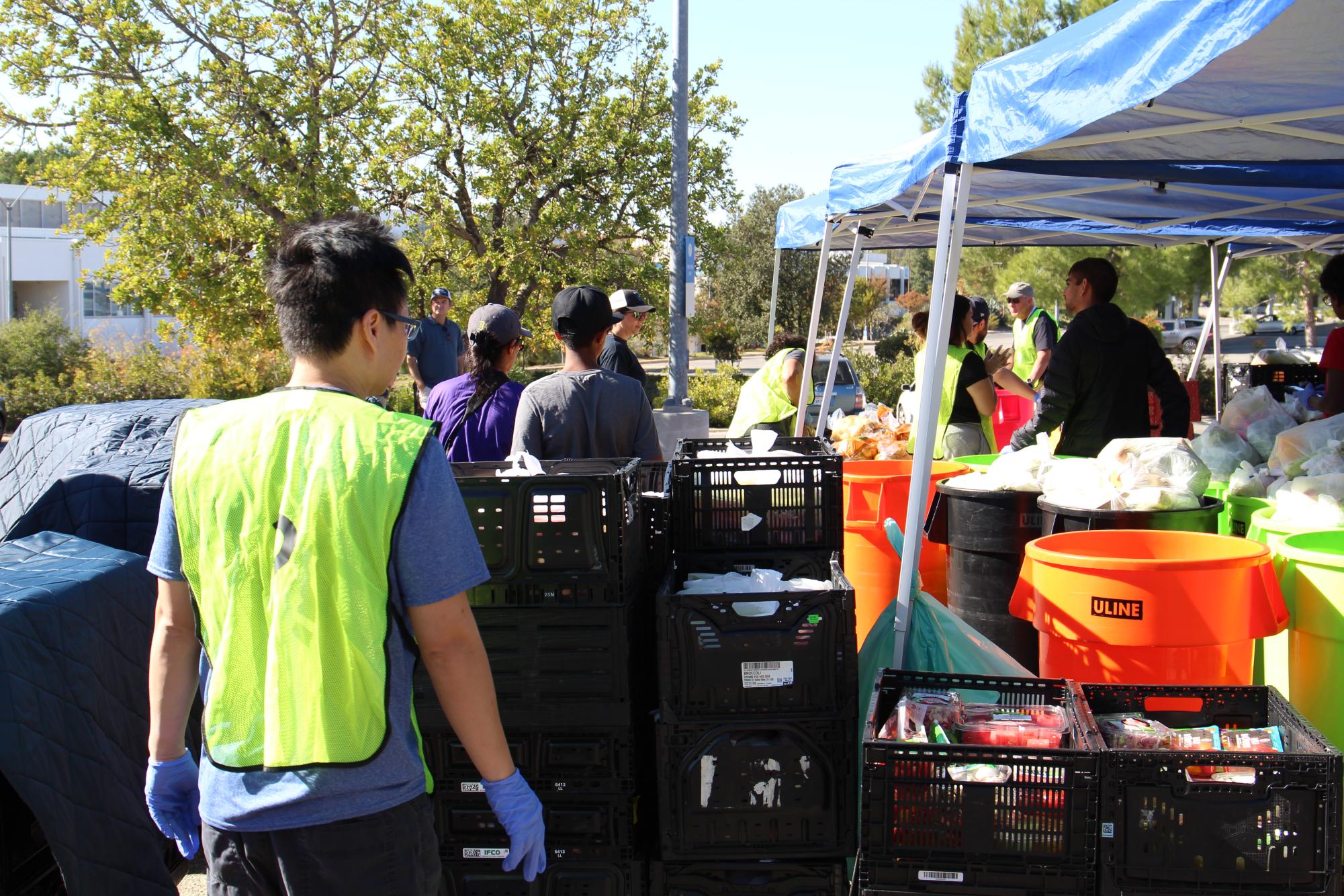 Food Share of Ventura County and Ruben Castro Charities volunteers organize food donations into color-coded bins before distributing to families on Saturday, Nov. 9, in Moorpark, Calif.