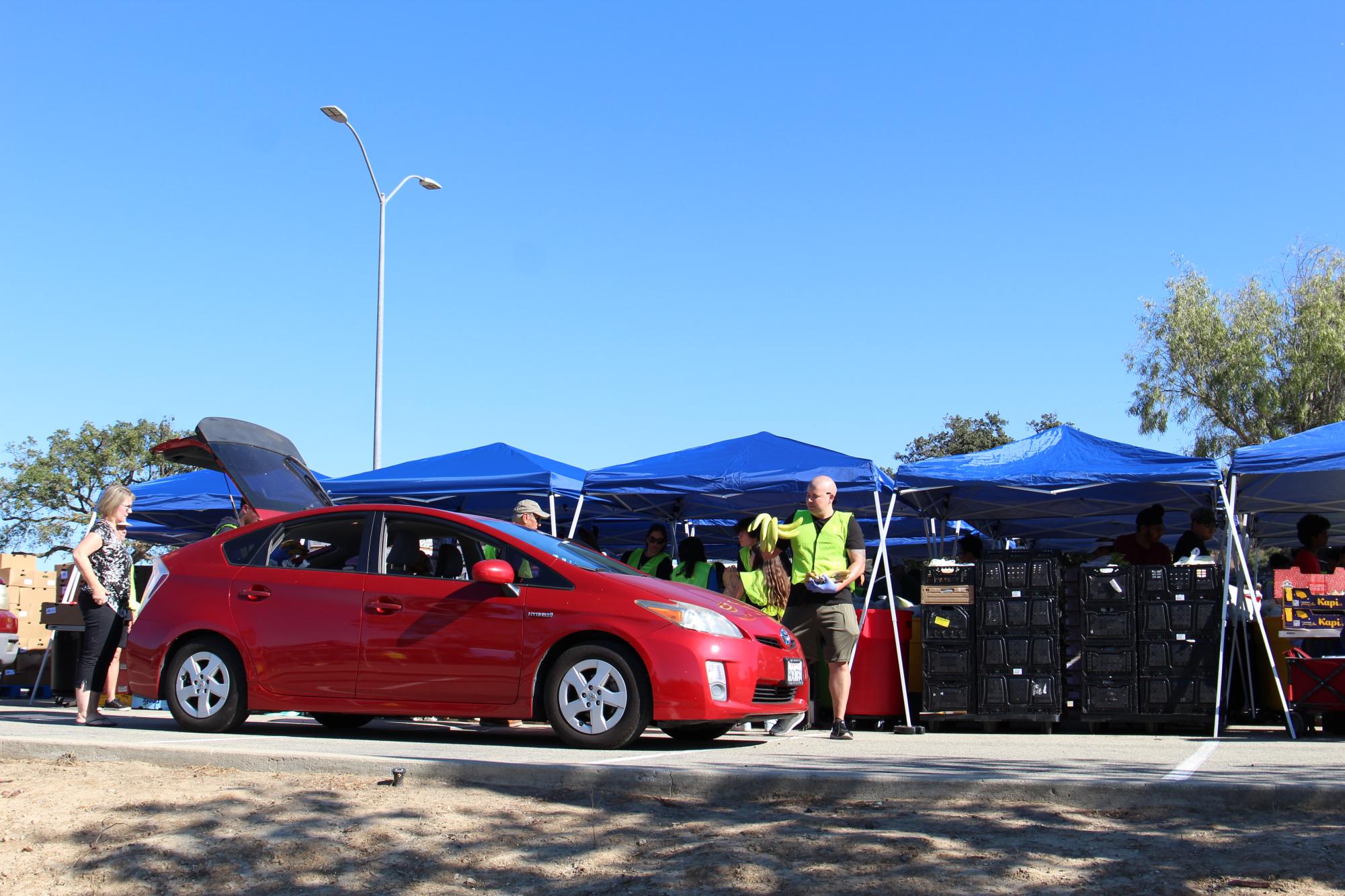 Families affected by the Mountain Fire visit the emergency food distribution pantry in Moorpark College Parking Lot E on Saturday, Nov 9, in Moorpark, Calif.