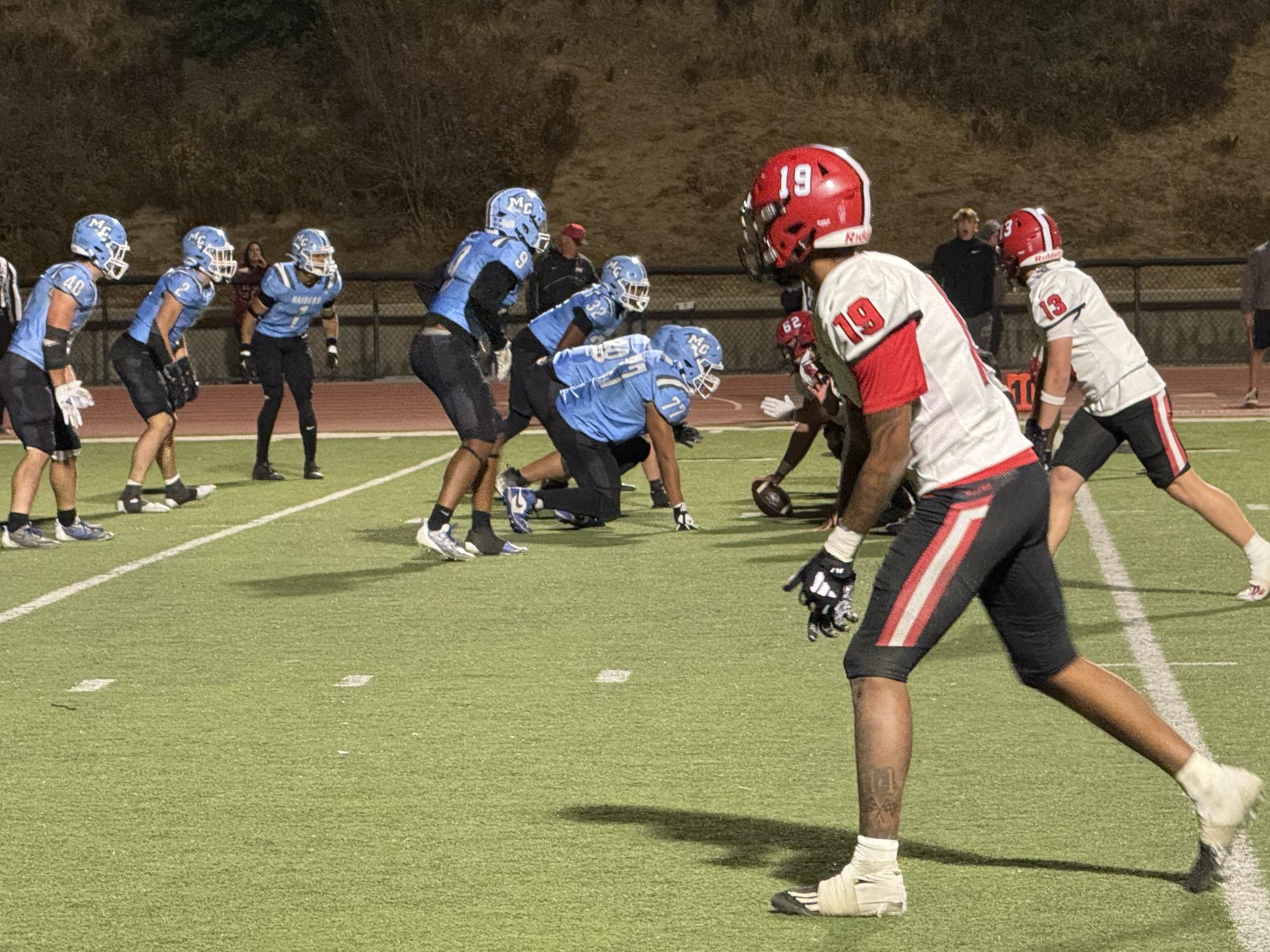 Santa Barbara offense and Moorpark defense set awaiting the snap on Saturday, Nov. 9, 2024 in Moorpark, Calif.