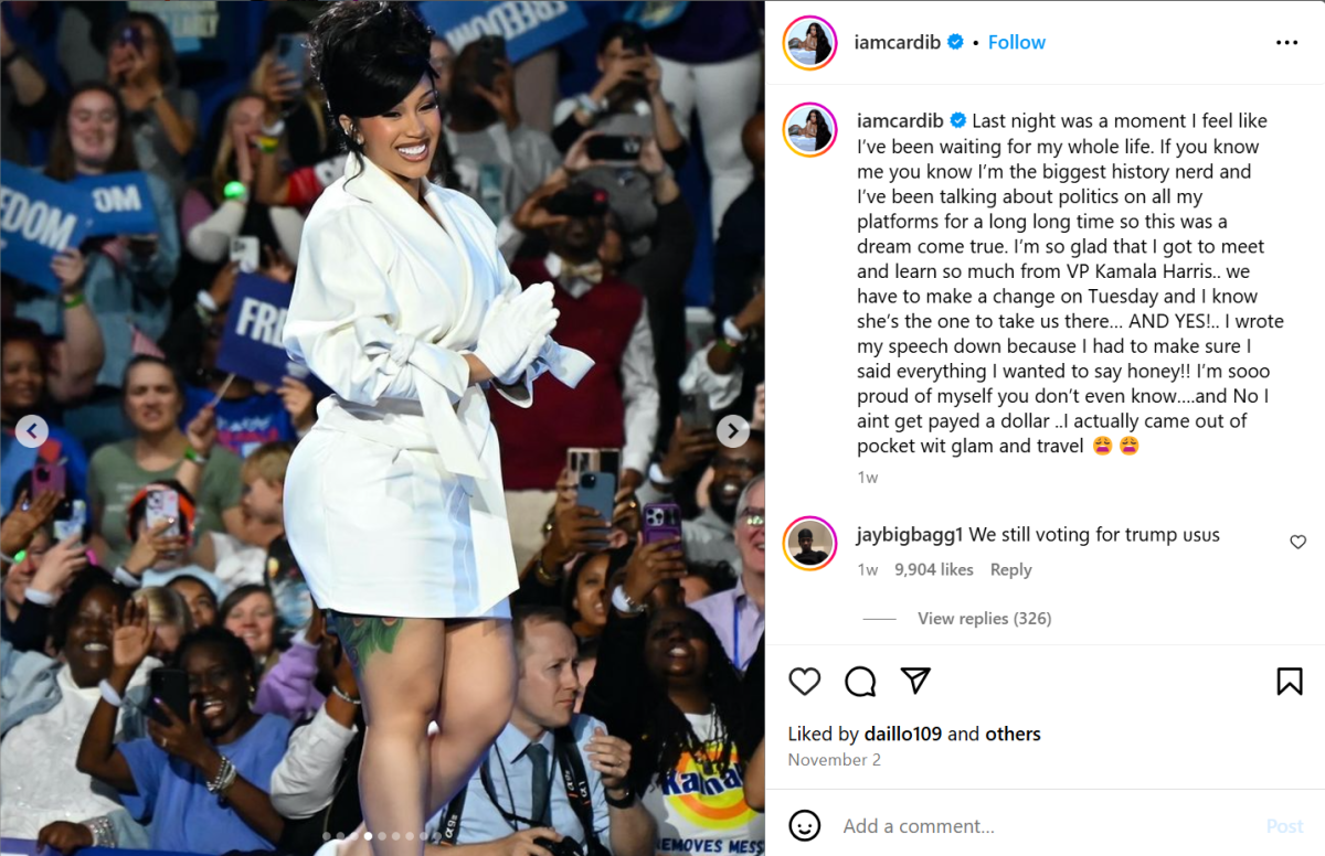 Screenshot of Cardi B's Instagram post after appearing at Kamala Harris' Wisconsin State Fair Park rally on Nov. 2, 2024. Photo credit: Alexxis Marin