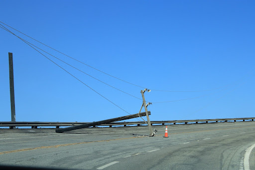 A downed powerline with its base charred in Castaic, Calif. on Jan. 22, 2025.