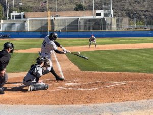 Freshman utilityman Jadon Onaca takes a swing against Santa Barbara on Feb. 18, 2025 in Moorpark, Calif. Photo credit: Cameron Kritzer