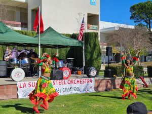 Caribbean dancers performed alongside the LA Success Steel Orchestra in the Quad during the LA Success Steel event on Tuesday, Feb. 25, 2025 in Moorpark, Calif. Photo credit: Alexxis Marin