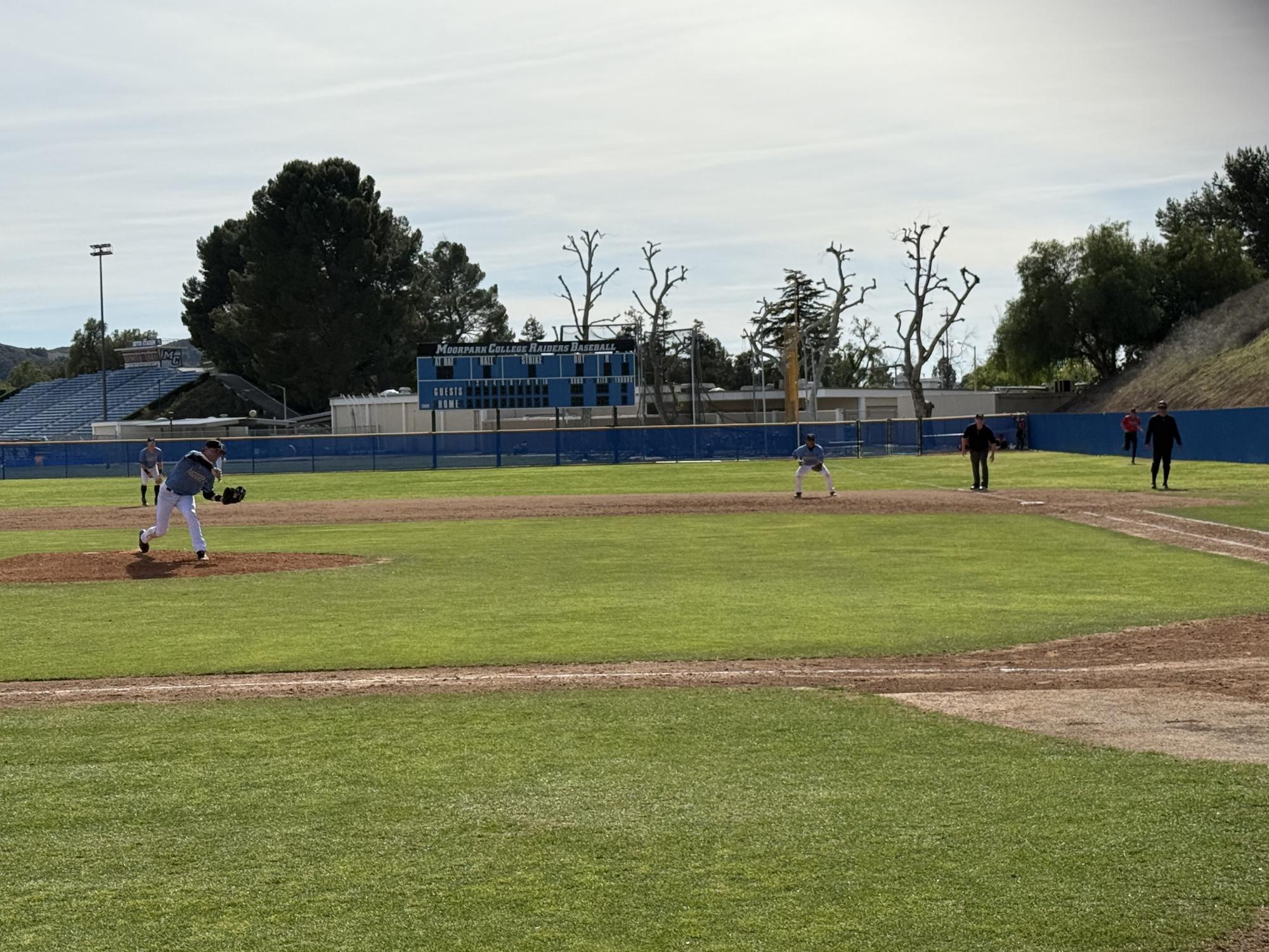 Moorpark College utility-man #20 Nate Kaczynski warms up on the mound in the top of the fourth inning on Saturday, Feb. 22 in Moorpark, Calif.